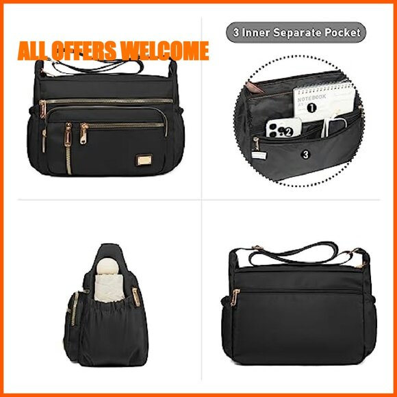 Waterproof Crossbody Bag Multi-Pocket Shoulder Purse Lightweight Polyester - Picture 5 of 8